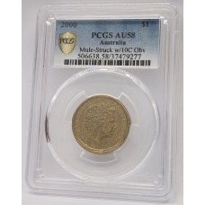 AUSTRALIA 2000 . ONE 1 DOLLAR COIN . ERROR . MULE . STRUCK ON TEN 10 CENTS